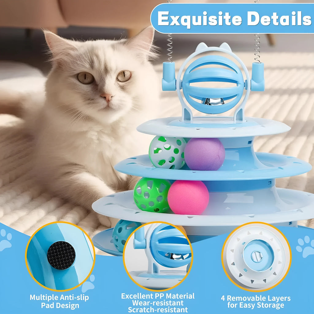 Blue 4-tier interactive cat toy with balls and teasing rods on a non-slip base.