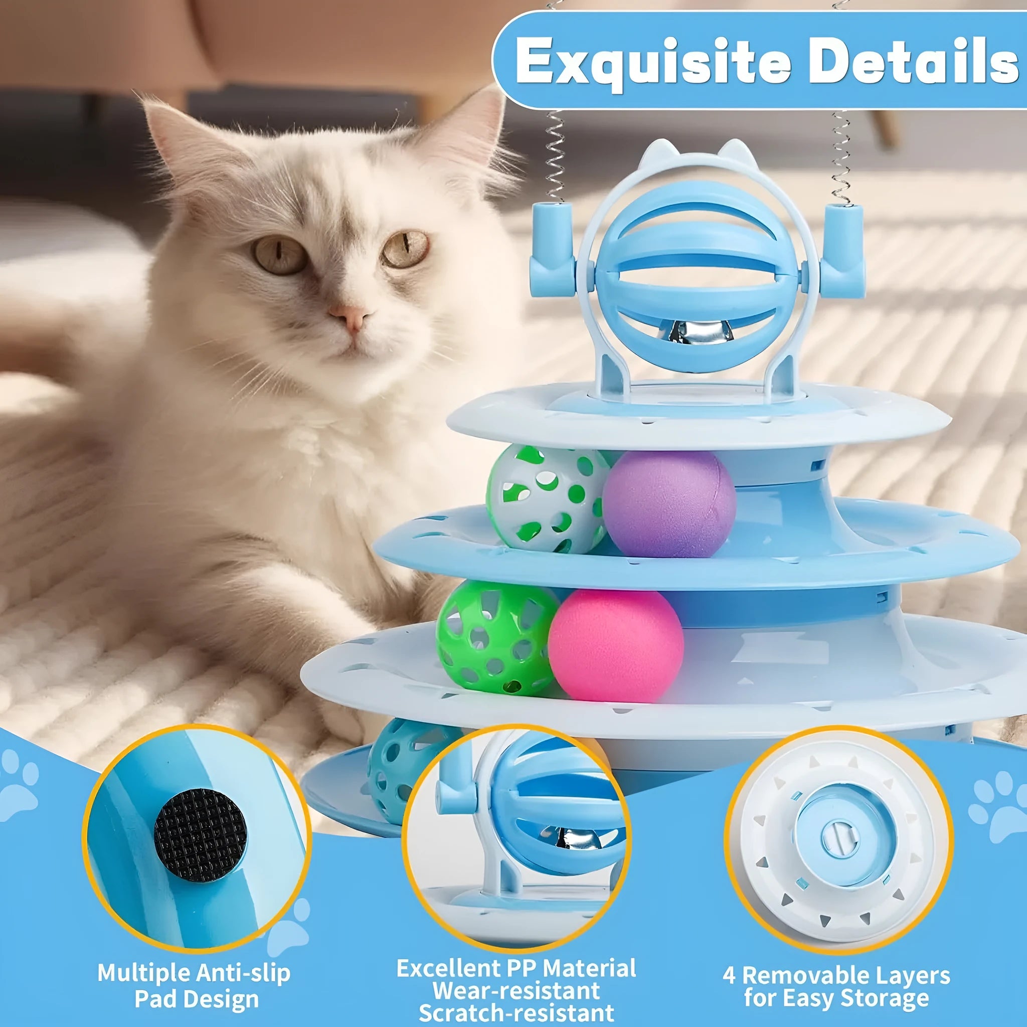 Blue 4-tier interactive cat toy with balls and teasing rods on a non-slip base.