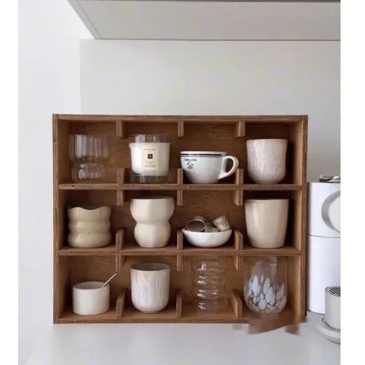 Square solid wood cup storage rack with multiple grids in birch meridian colour.