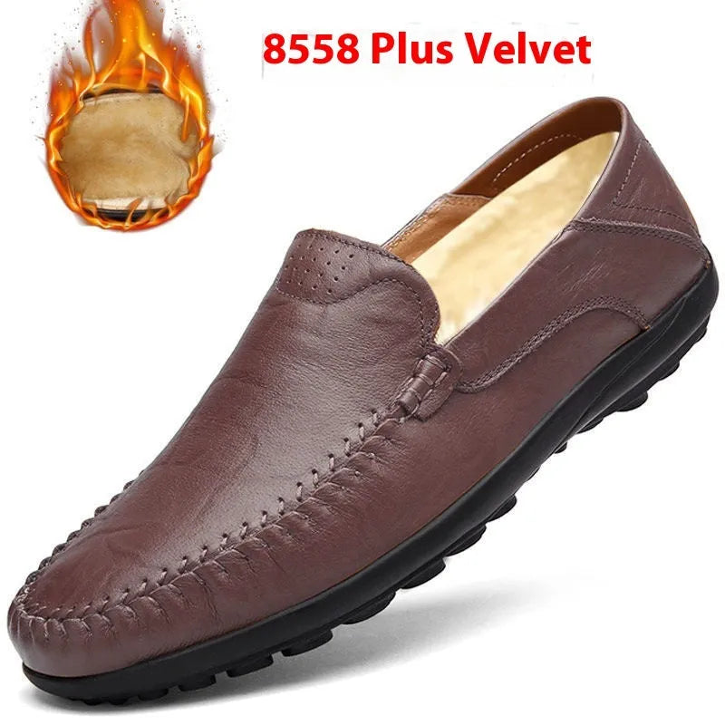 Men's brown leather casual shoes with round toe and flat rubber sole shown from side view
