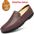Men's brown leather casual shoes with round toe and flat rubber sole shown from side view