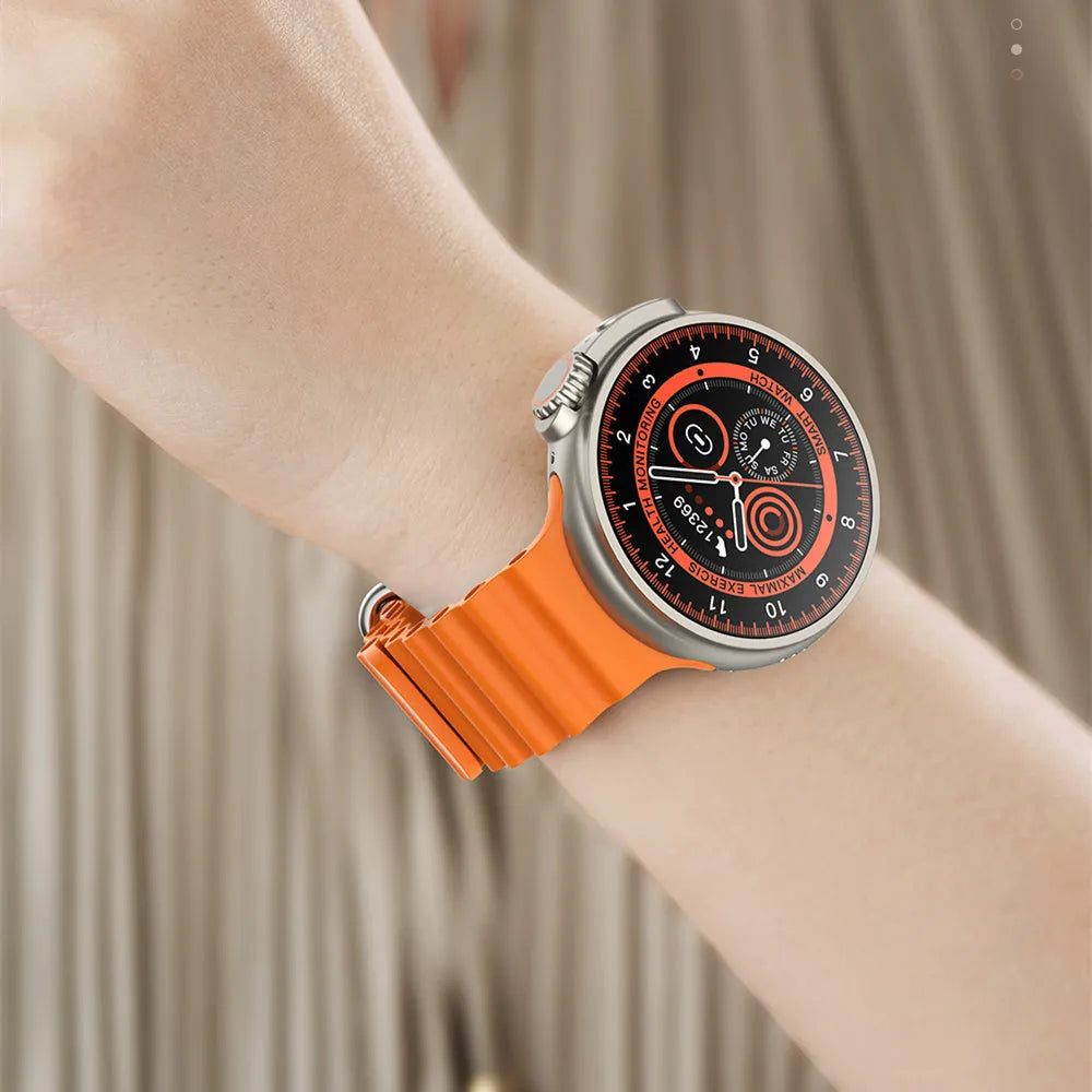 K9 Smart Watch with round screen on silicone strap, shown in black, orange, silver brown, or yellow.