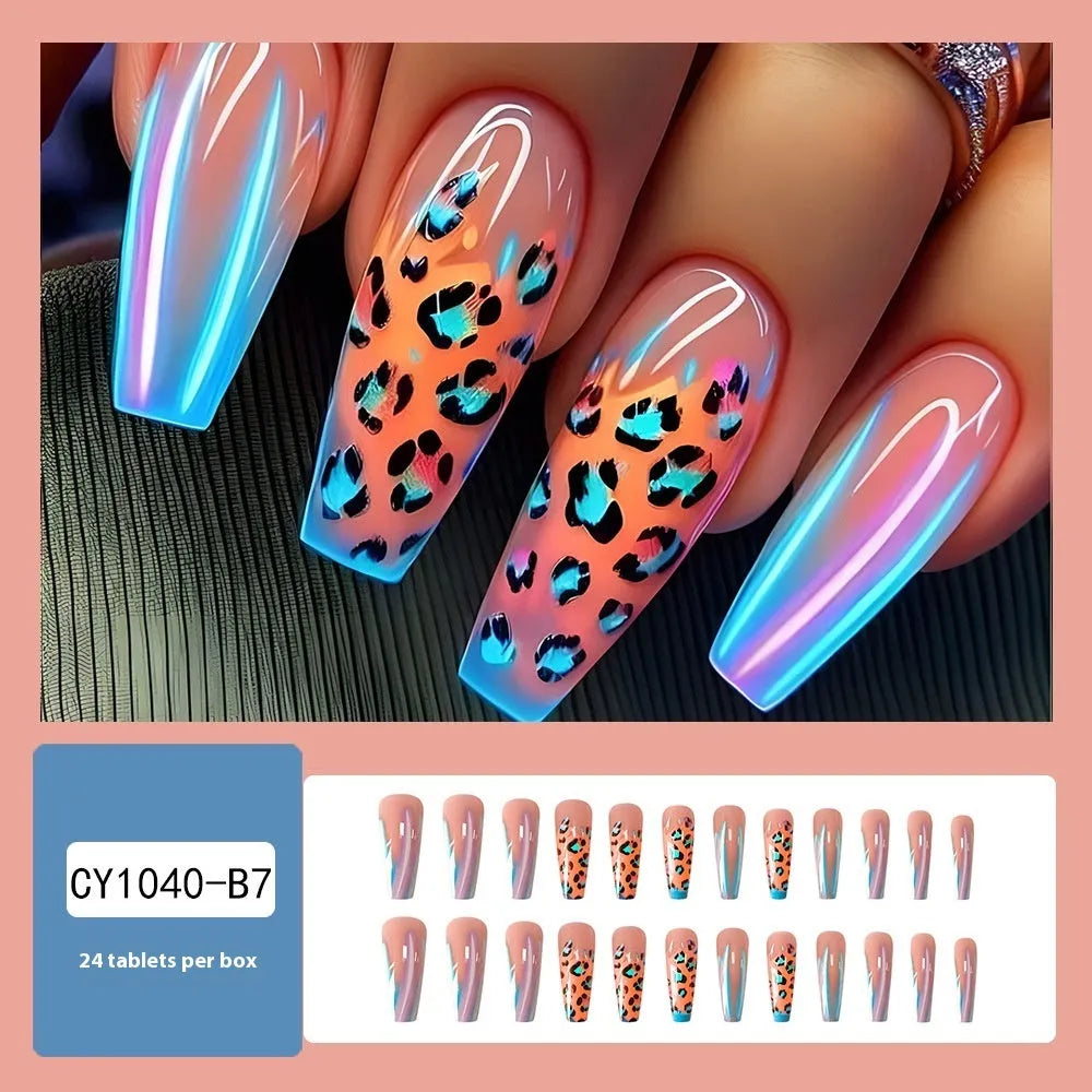 Blue edge French leopard print press-on nail tips in long ballet shape with jelly glue and nail stickers