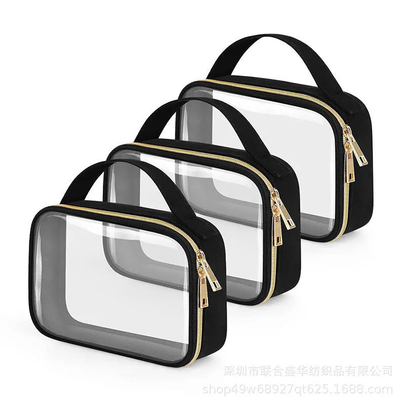 Transparent PVC lipstick storage wash bag with carrying chain in leopard print colour.