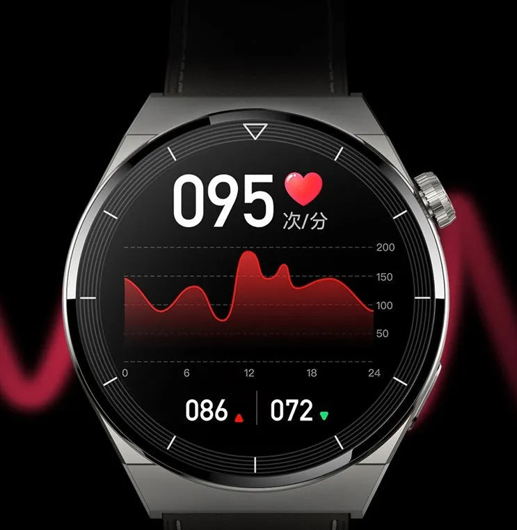 Round smartwatch with black silicone strap showing Bluetooth calling and NFC access control on its 1.36-inch screen