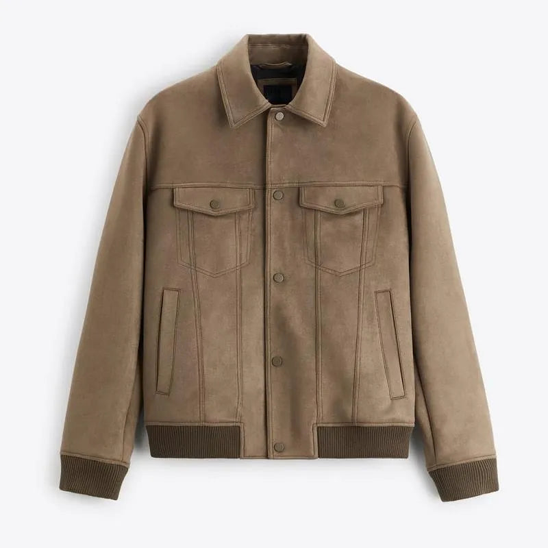 Men's light gray suede velvet commuter jacket with long sleeves on a hanger.