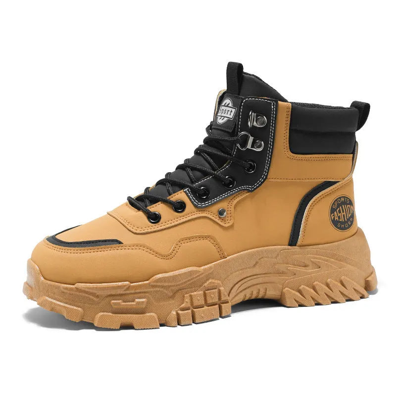 Men's black and yellow Martin boots with high-top design and injection moulded soles