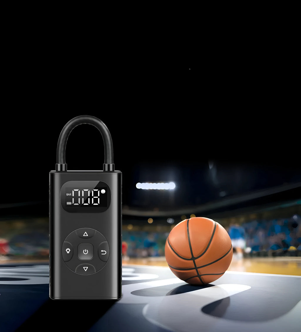 Black cuboid portable air compressor power bank with USB cable for car and bike tyre inflation