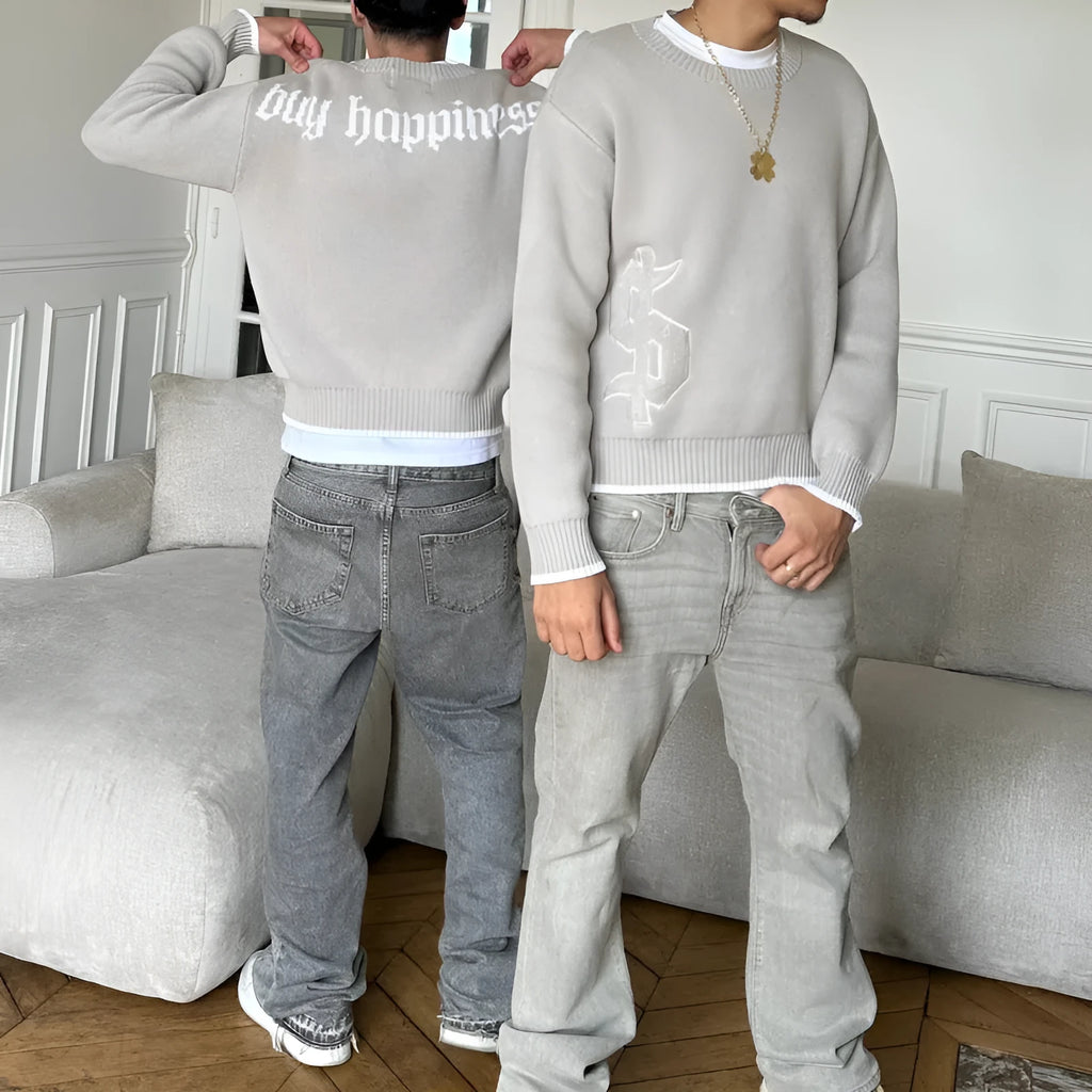 Grey loose-fitting jacquard knitwear coat with long sleeves for autumn winter