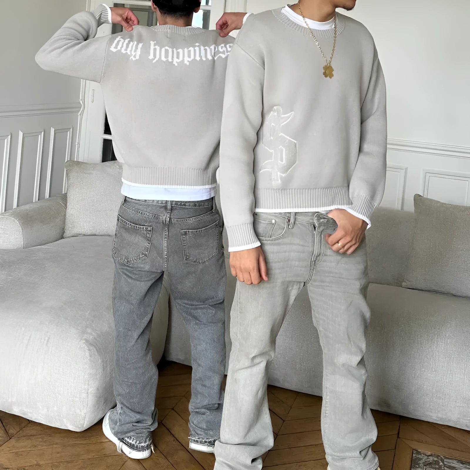 Grey loose-fitting jacquard knitwear coat with long sleeves for autumn winter