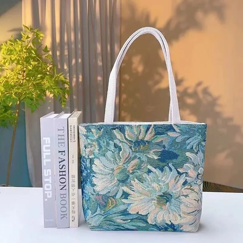 Double-sided gold wire embroidered canvas tote bag in botanical design with polyester construction