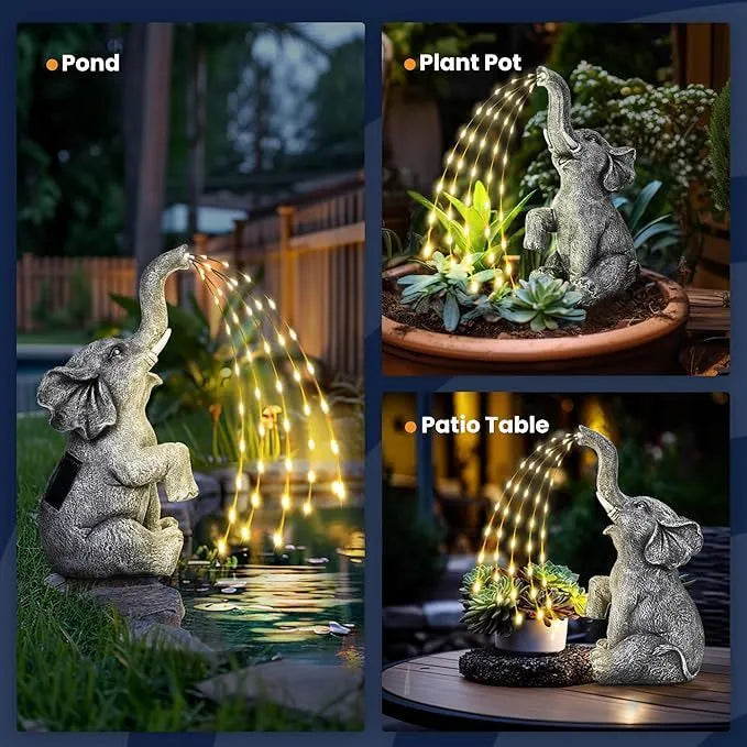 Elephant resin garden sculpture with integrated LED lighting, suitable for outdoor or indoor decorative use