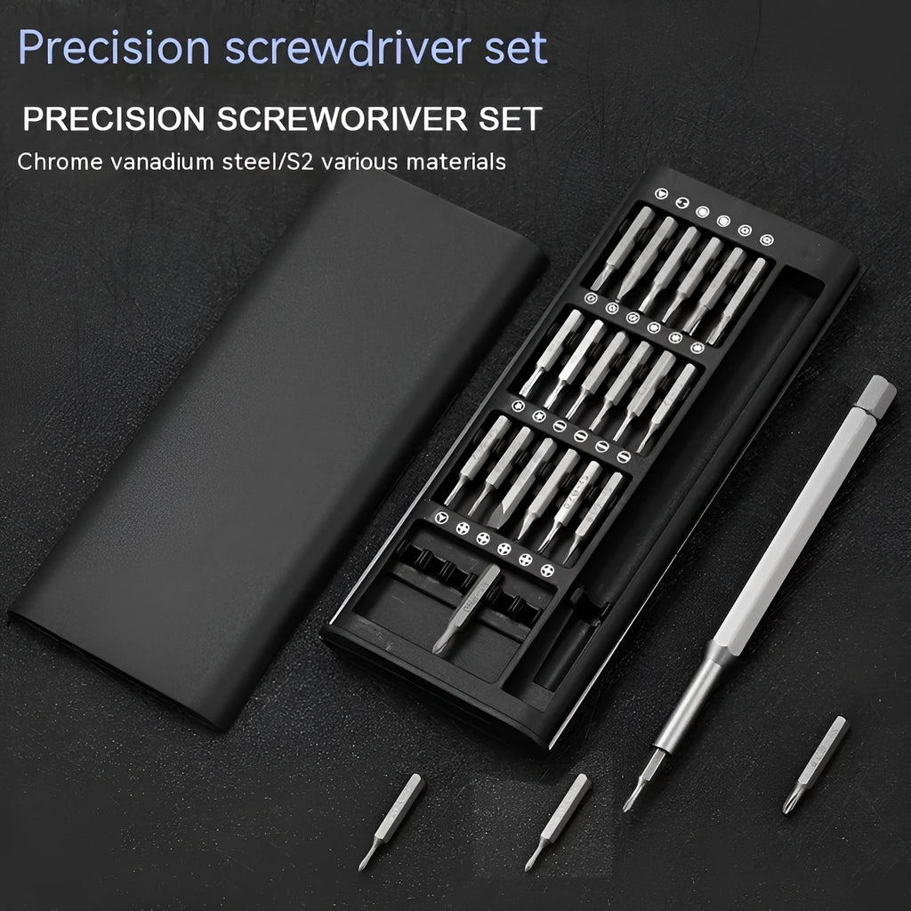 24 in 1 magnetic screwdriver set with aluminium and plastic handles showing bits and cutter bars
