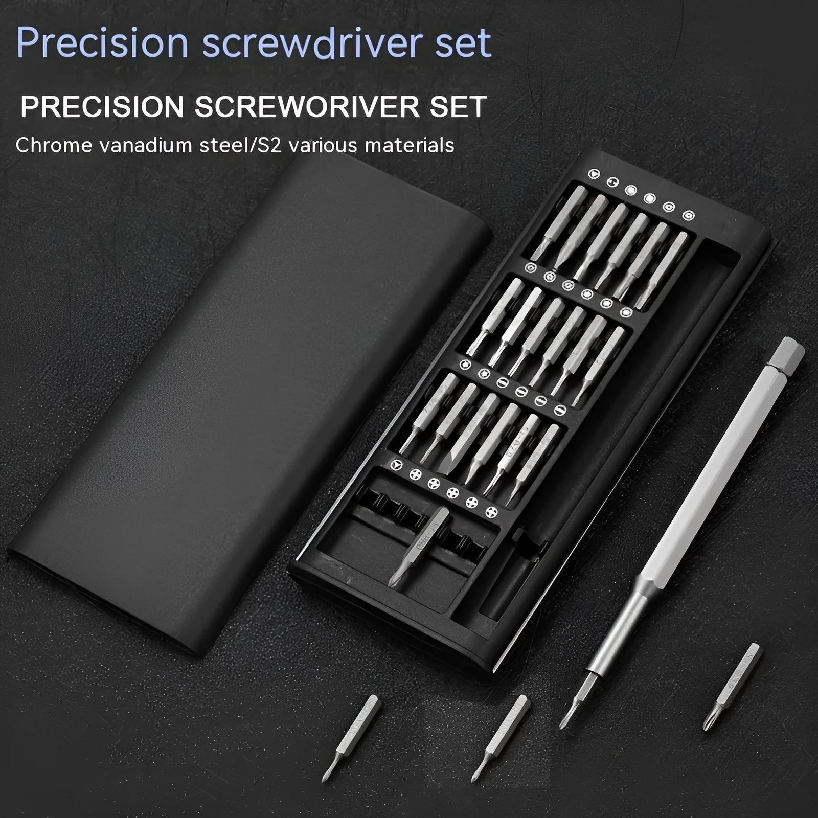 24 in 1 magnetic screwdriver set with aluminium and plastic handles showing bits and cutter bars