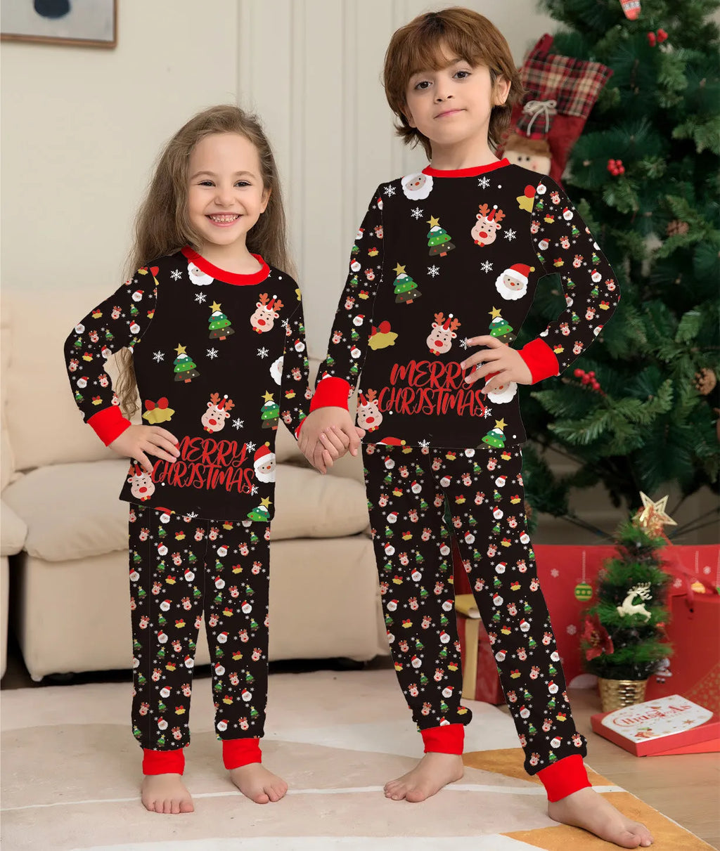 Family wearing matching Christmas pajamas with plaid patterns, including adults, children, and a dog in coordinating sleepwear
