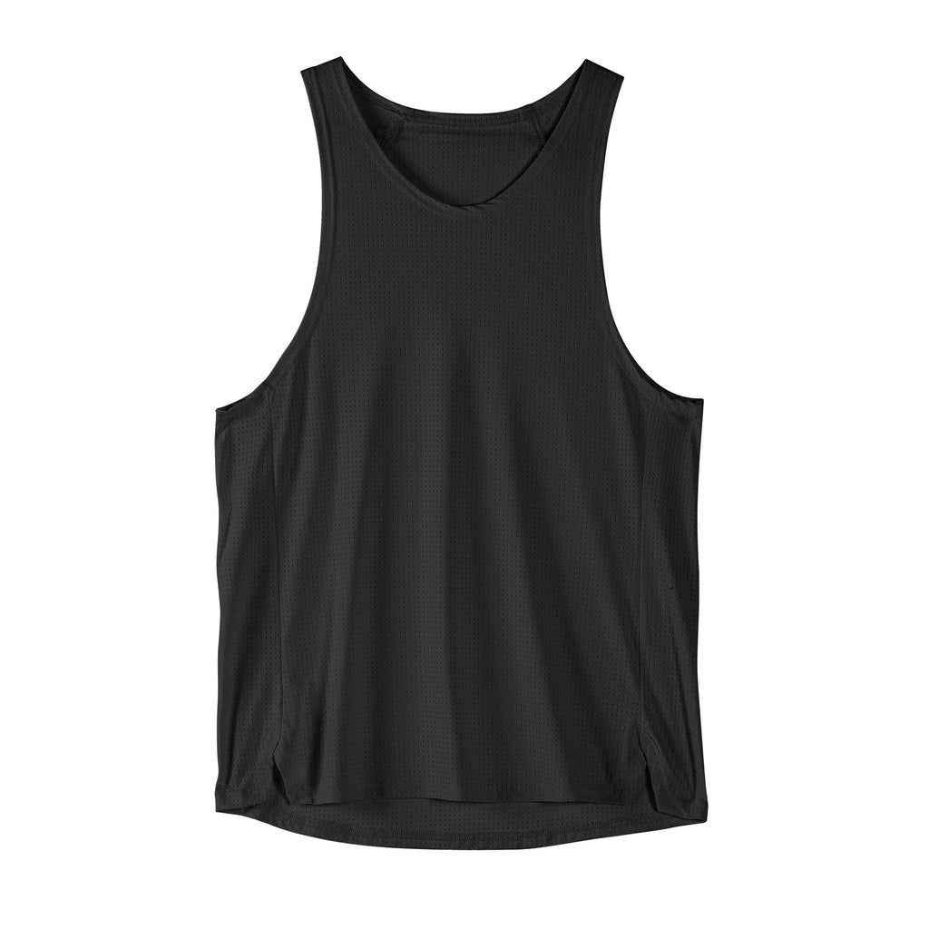 Men's black sleeveless nylon sports vest with stretch fabric for athletic activities