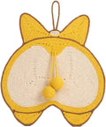 Yellow cat scratching pad with Corgi butt design on natural sisal surface with anti-slip base