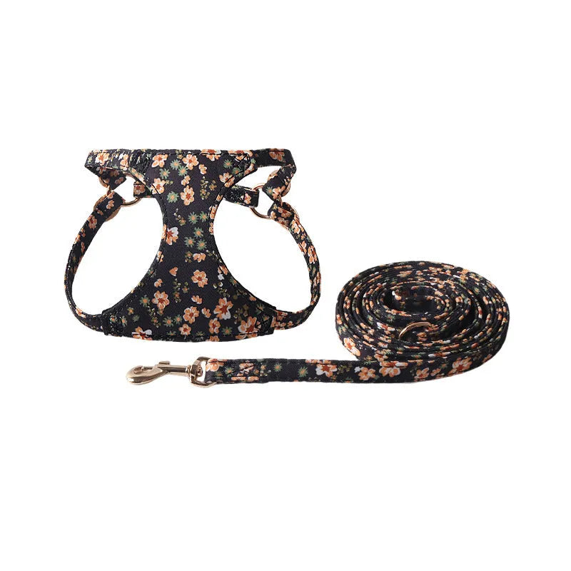 Floral cloth pet harness and leash set for small dogs in multiple colour options