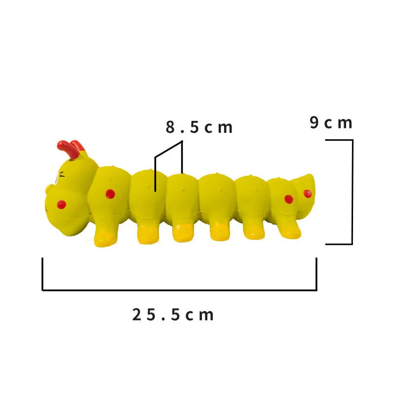 Yellow caterpillar rubber dog squeaky toy for small medium breeds on white background