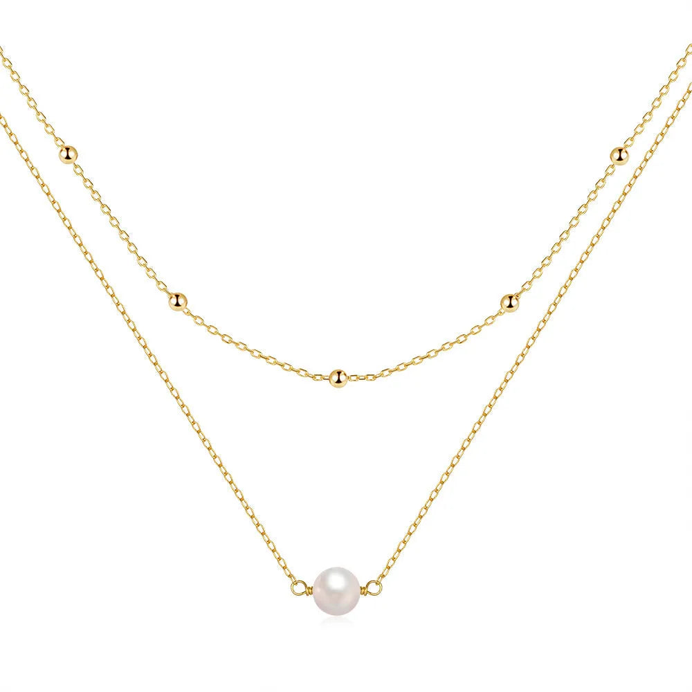 S925 sterling silver double layer necklace with twin pearls and ball bead chain in gold colour