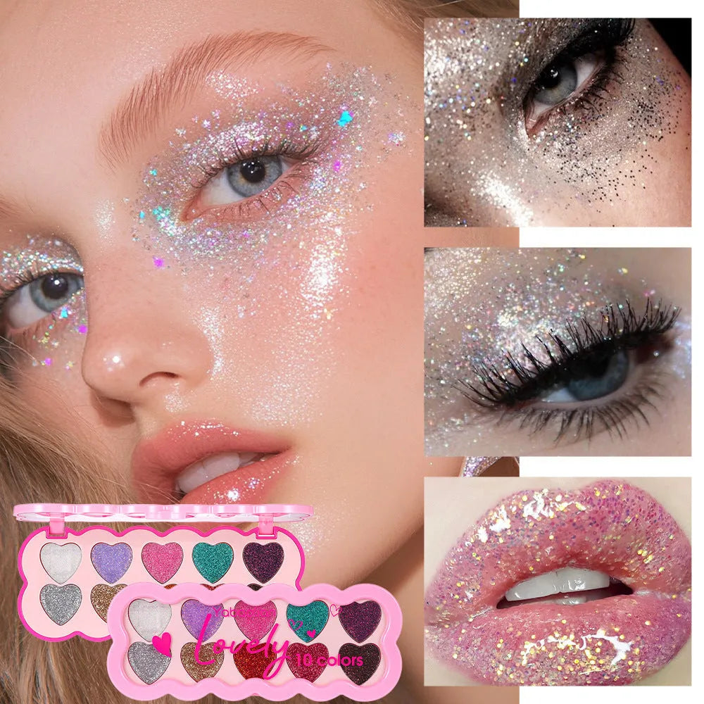 Pearlescent Heart ten-color sequins eye shadow palette open showing shades including coral, blue and purple.