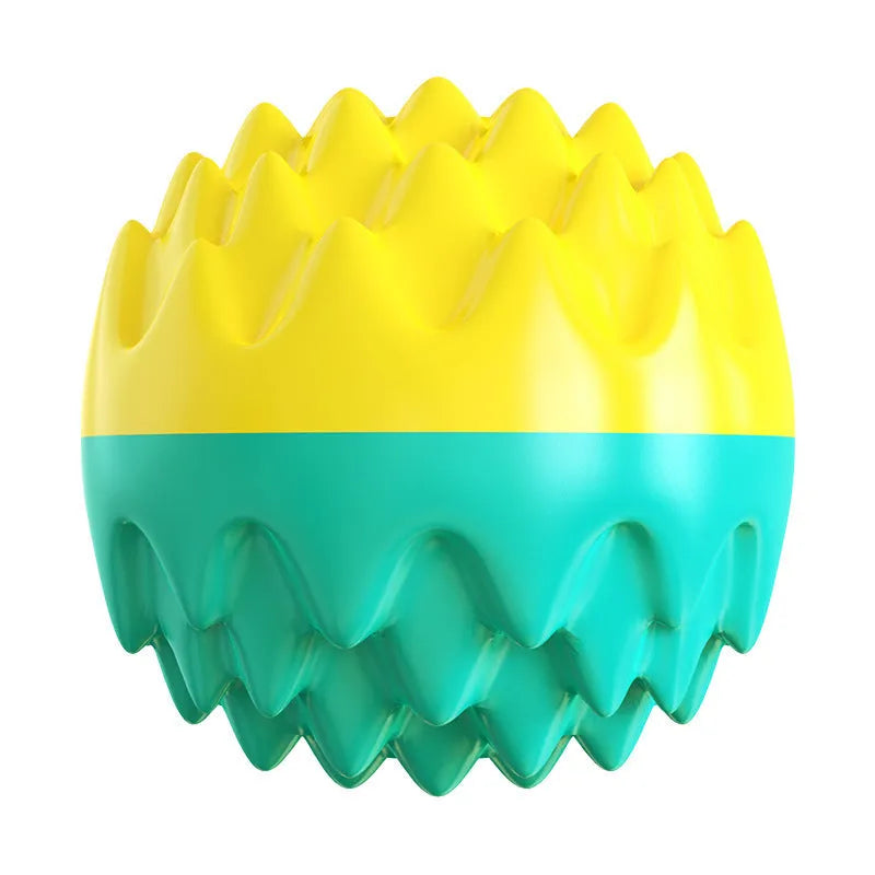 Blue rubber dog ball with spiky texture for dental cleaning and squeaker function