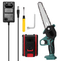 Black one-hand mini electric chainsaw with 4 inch guide bar on a workbench.