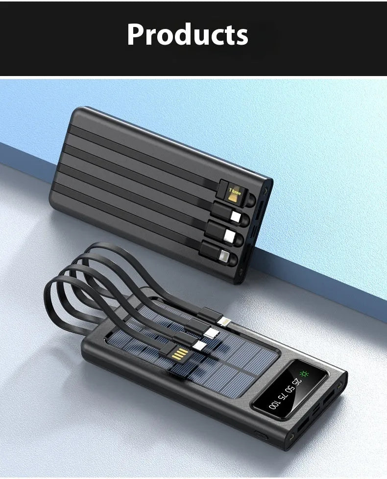Solar power bank with 20000mAh capacity and integrated charging cables in black or white plastic case