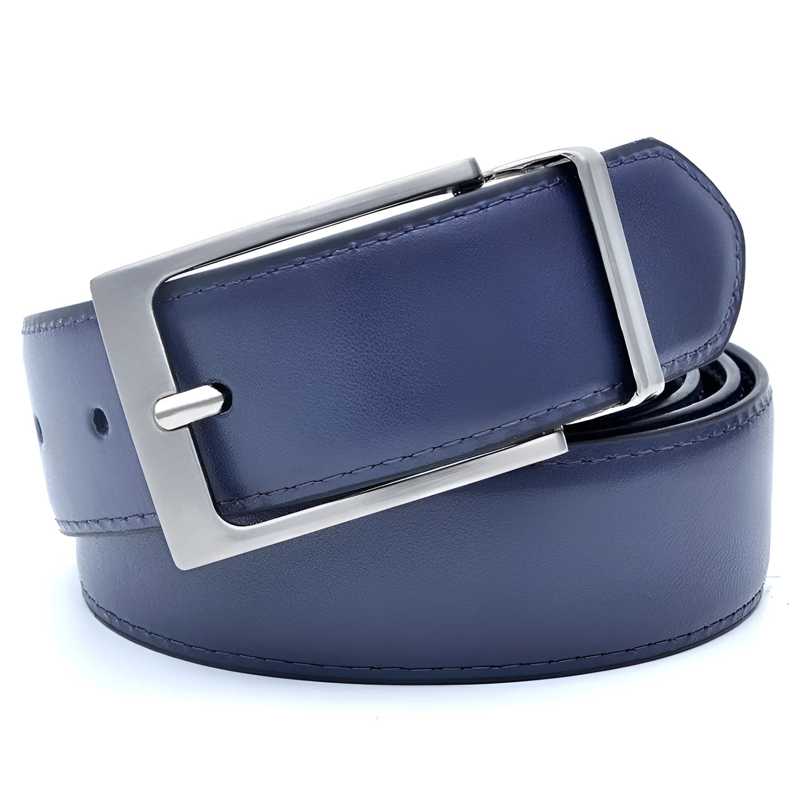 Men's brown and black genuine leather belt with rotating alloy pin buckle showing length adjustment