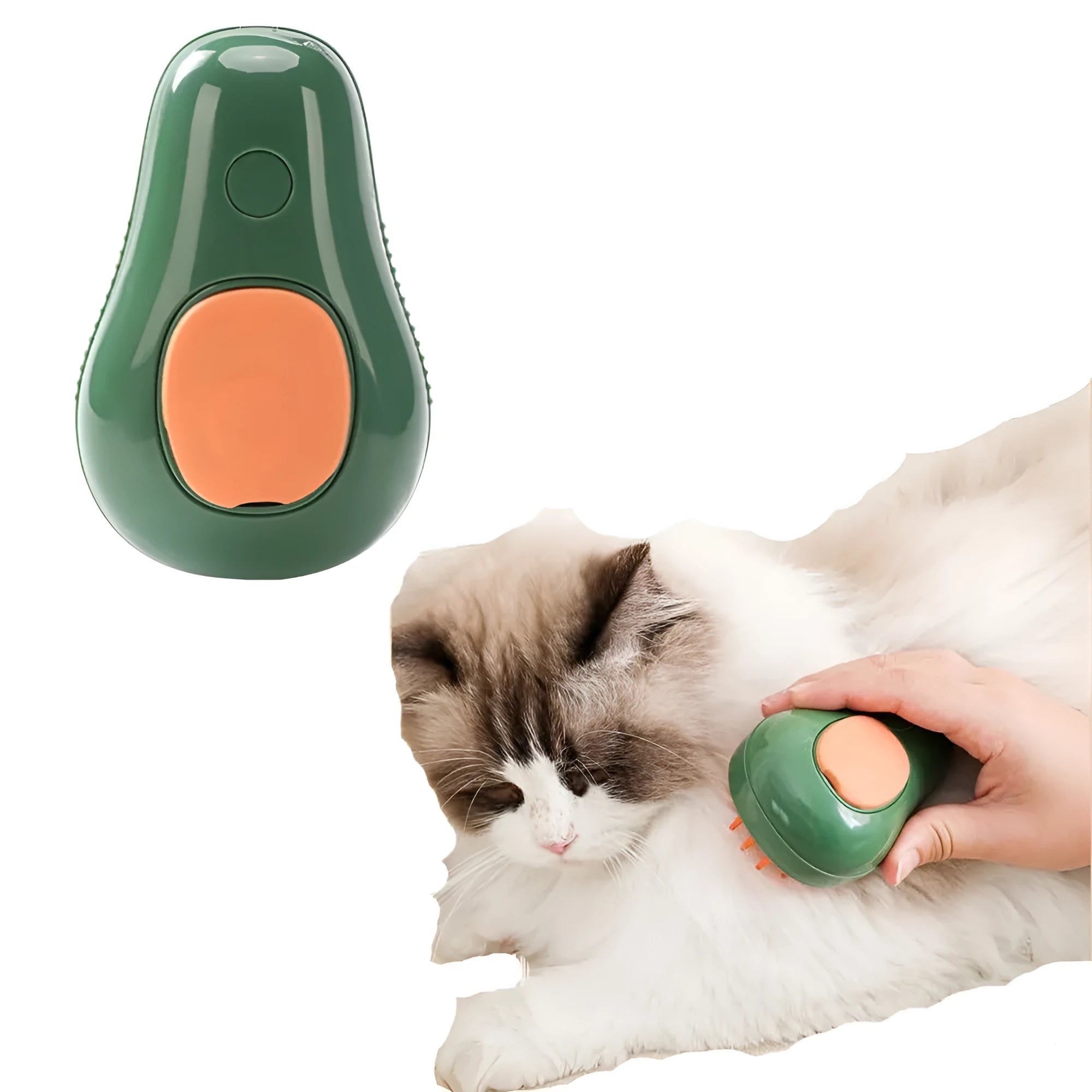 Green and white cat steam brush with water spray function and silicone bristles for pet grooming
