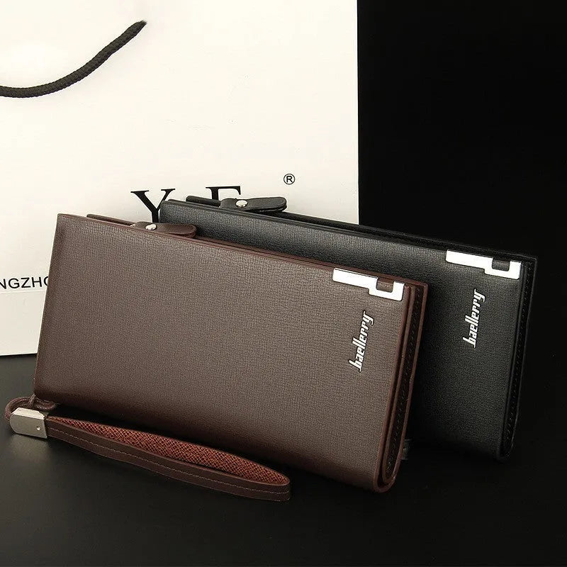 Men's black PU leather zipper wallet showing 7 card slots and cash compartment with waterproof construction