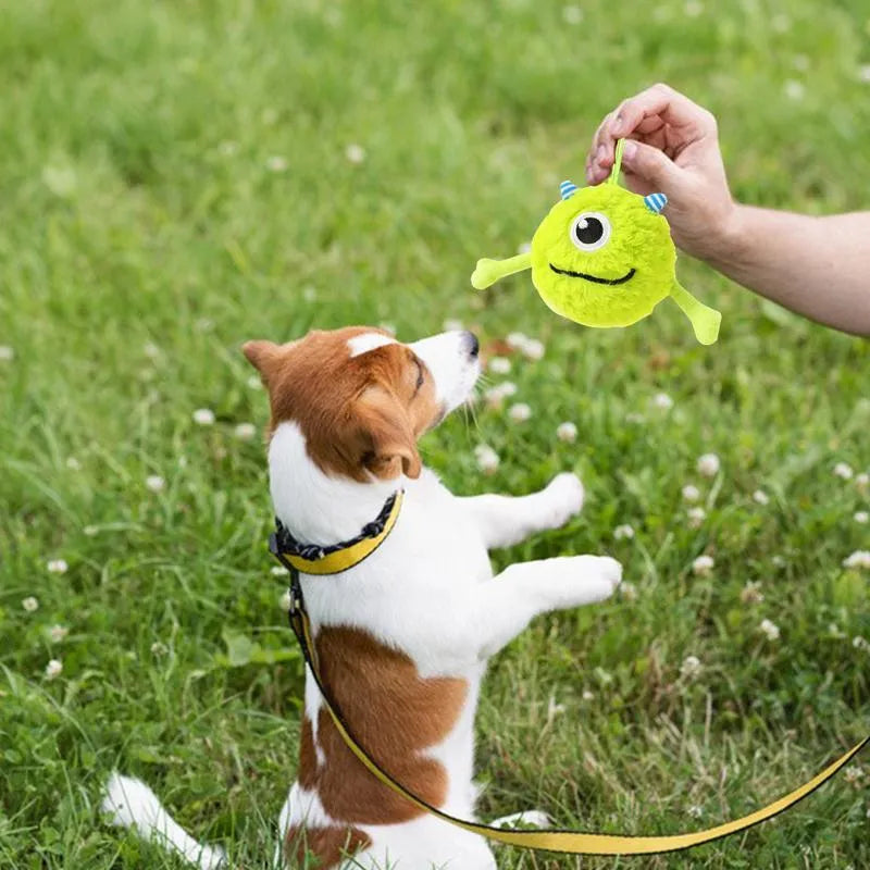 Green plush and TPR dog toy ball for interactive teething and play.