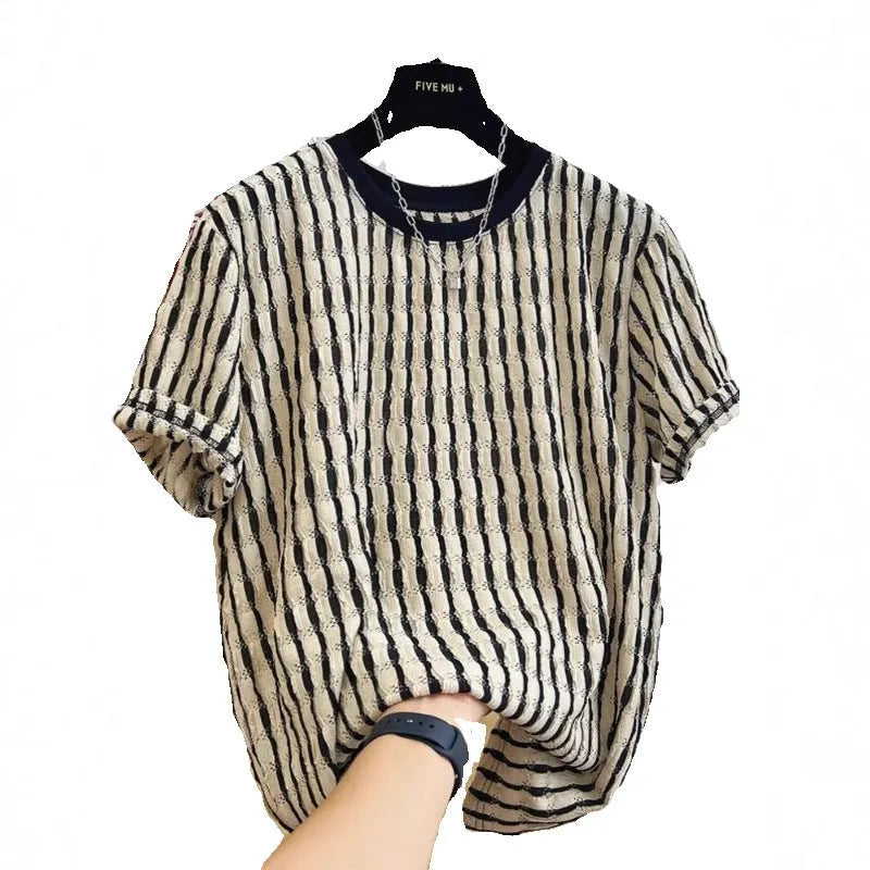 Black striped men's linen pullover shirt with short sleeves and loose casual fit