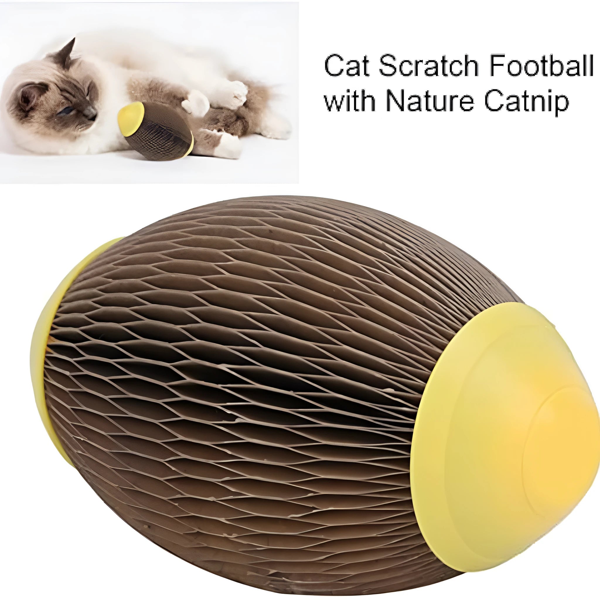 Elliptical catnip ball toy made from recycled corrugated paper for cats to play with.