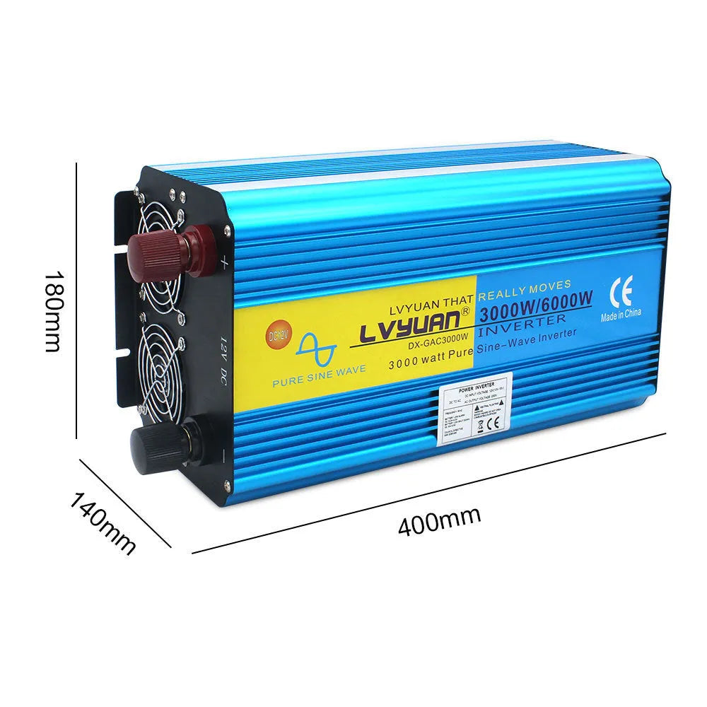 Blue high-power 3000W pure sine wave inverter with digital display and UK socket.