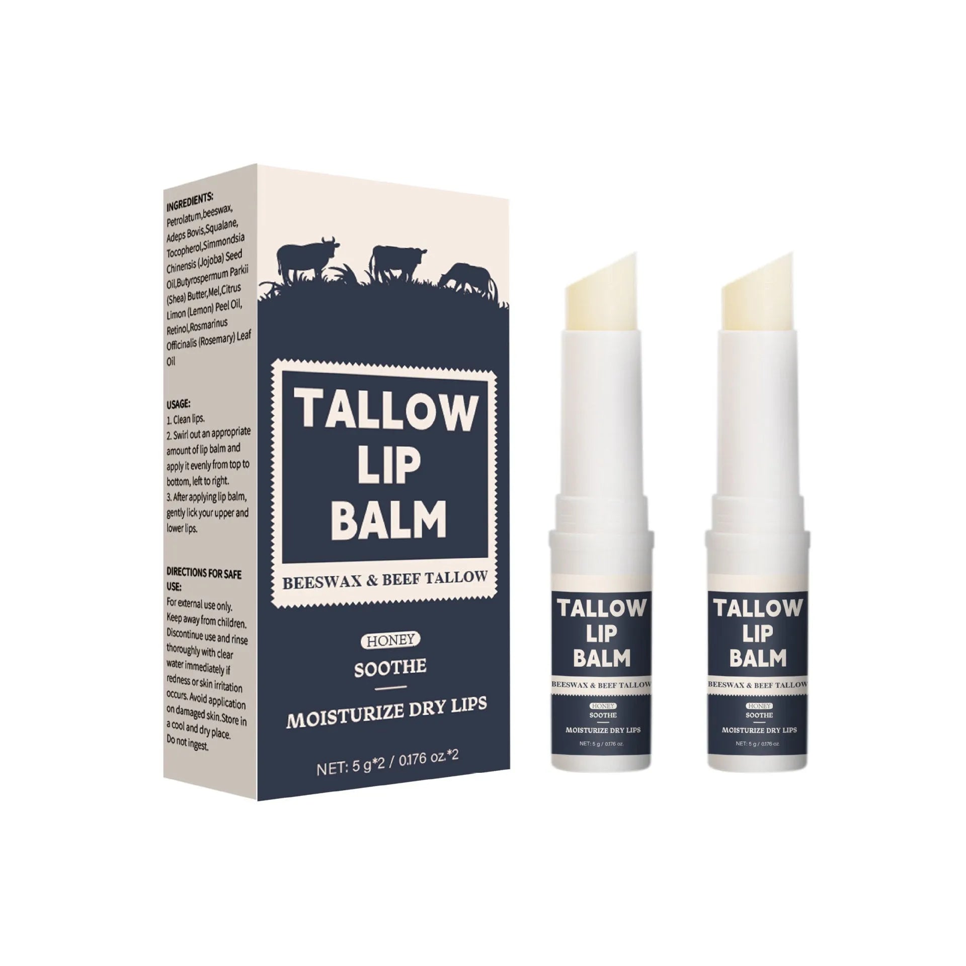 Two soft grain tubes of beef fat lip balm for dry and neutral skin