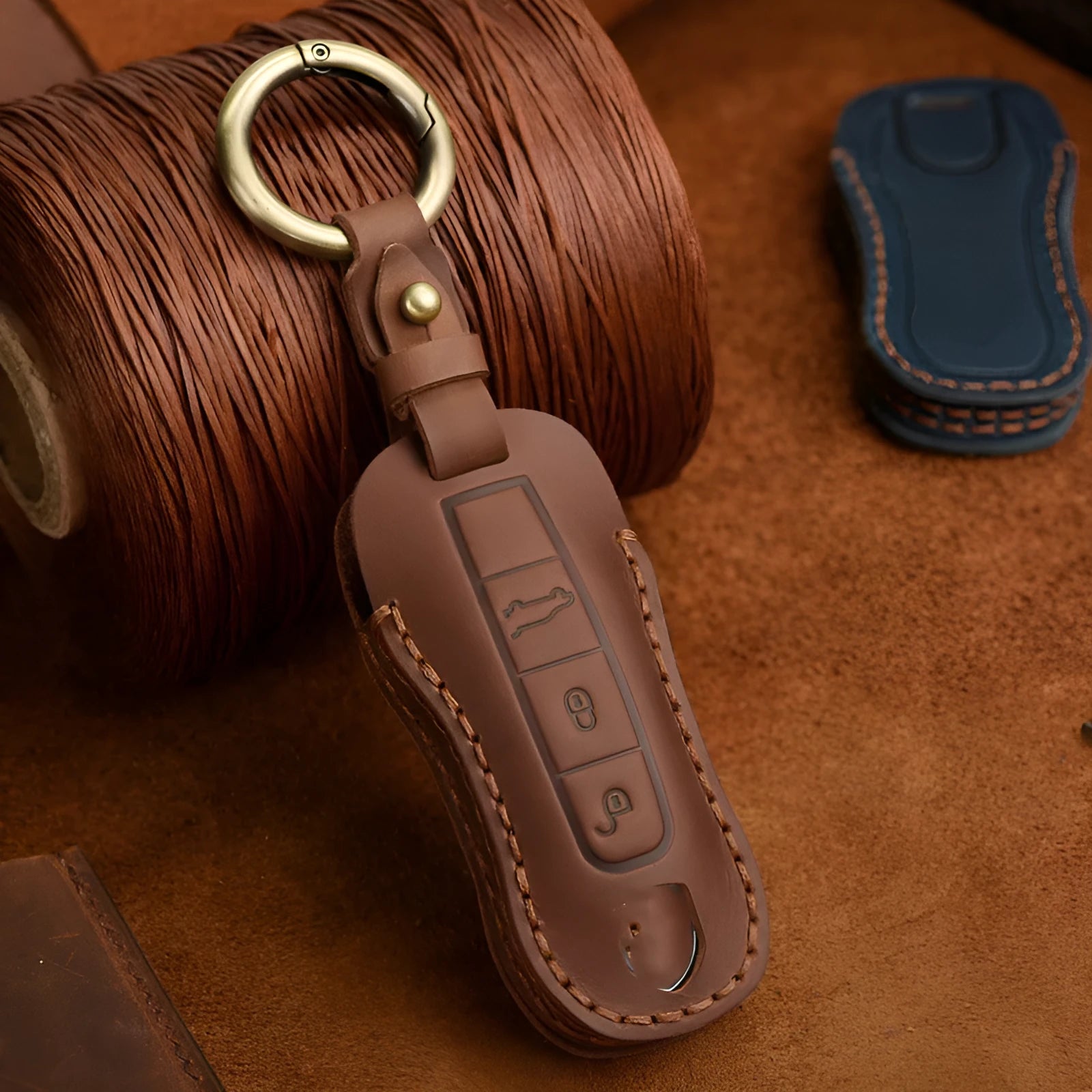 Authentic brown cowhide leather retro key case for Porsche car keys