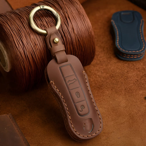 Authentic brown cowhide leather retro key case for Porsche car keys