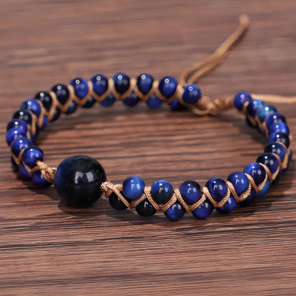 Handwoven geometric pull bracelet in blue Tigereye or Amethyst colours
