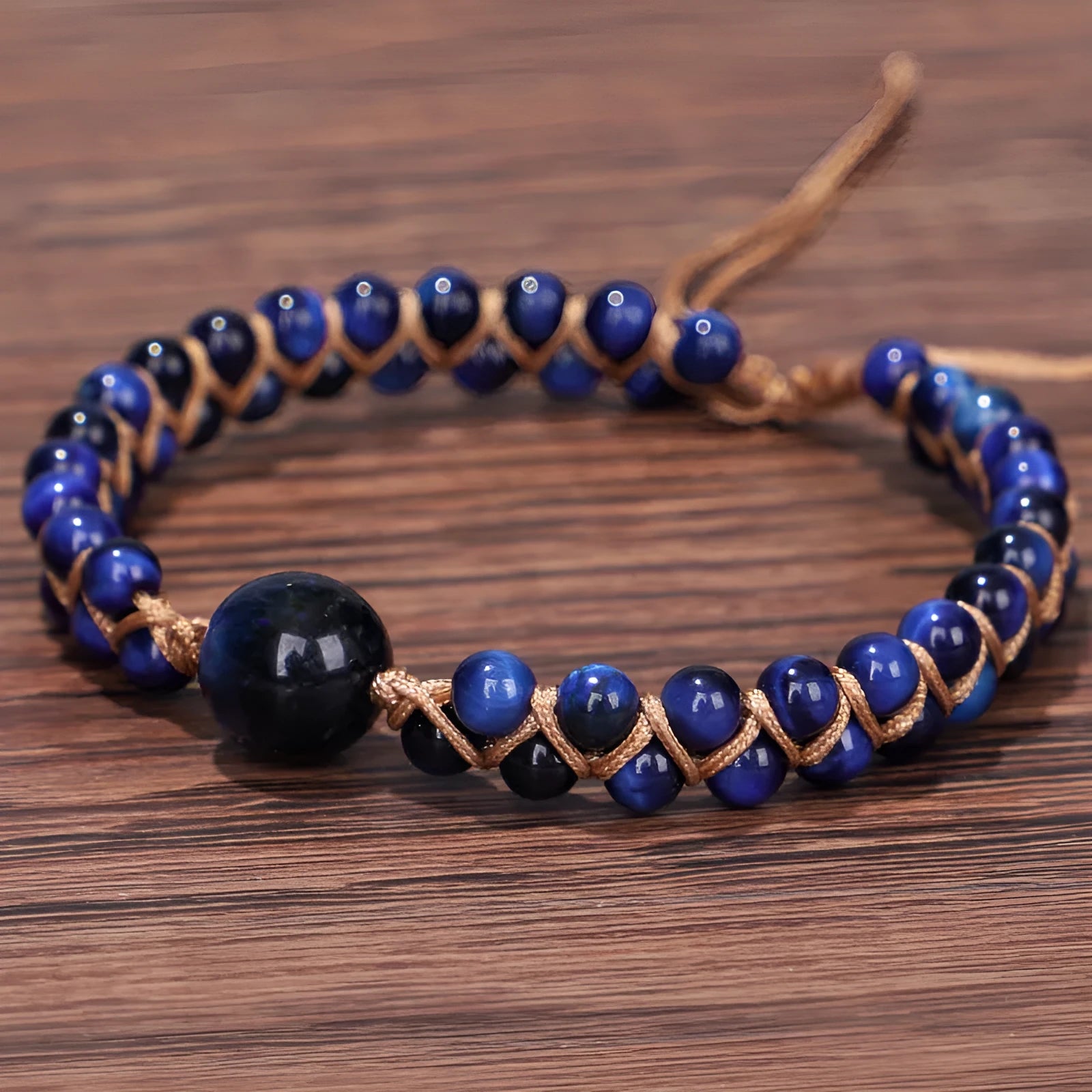 Handwoven geometric pull bracelet in blue Tigereye or Amethyst colours