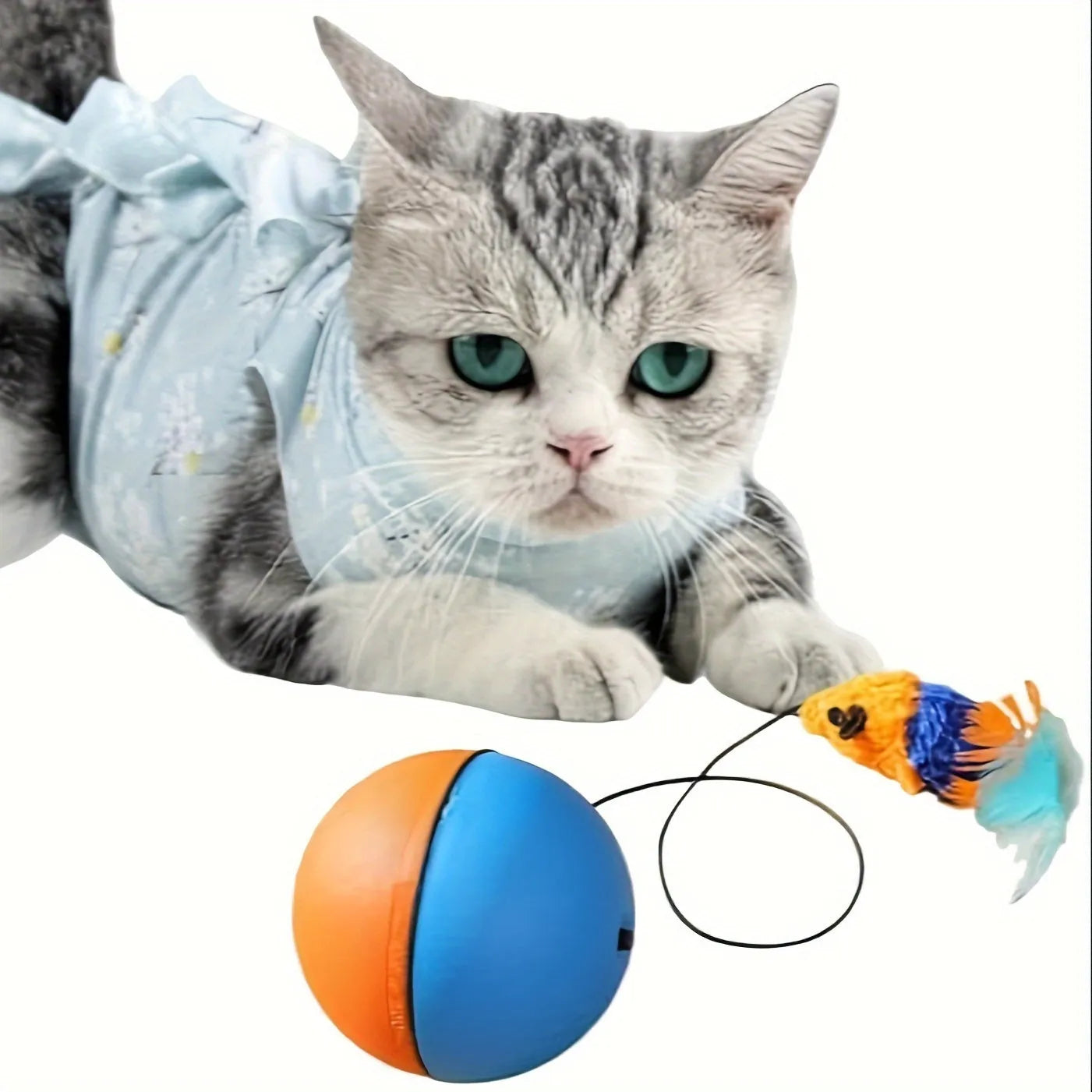 Blue and orange soft plush mouse cat toy for interactive indoor exercise.