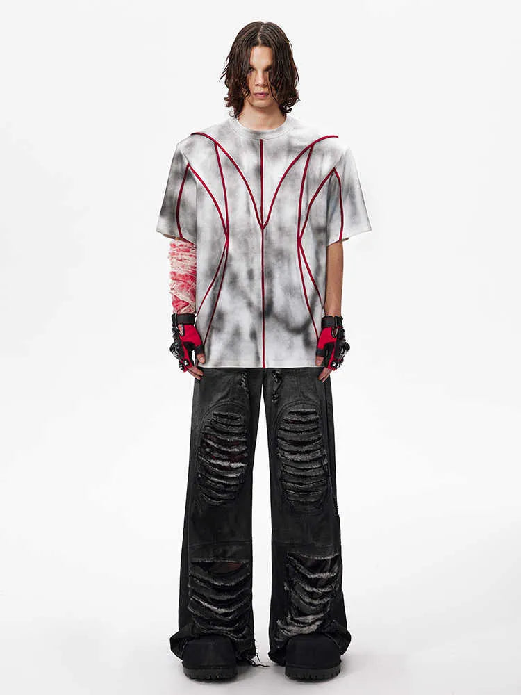 Women's padded shoulder T-shirt with patchwork detailing in short sleeve round neck design