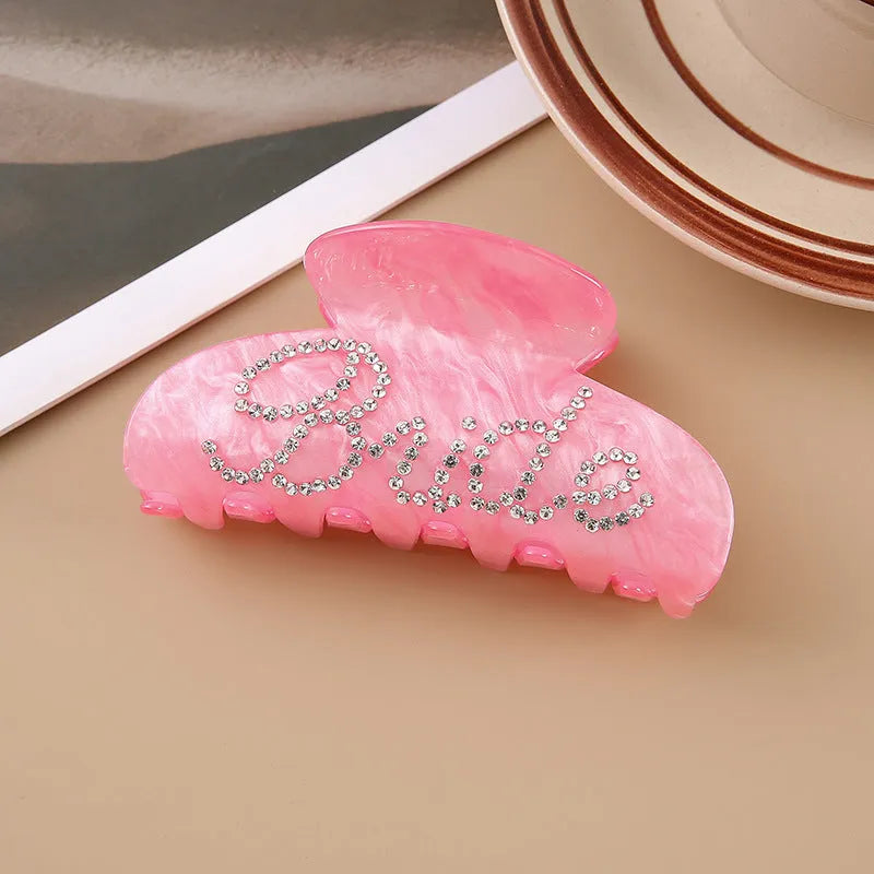 10cm pink and white acrylic hair barrette clips with multi-diamond spot drill and English letter decoration