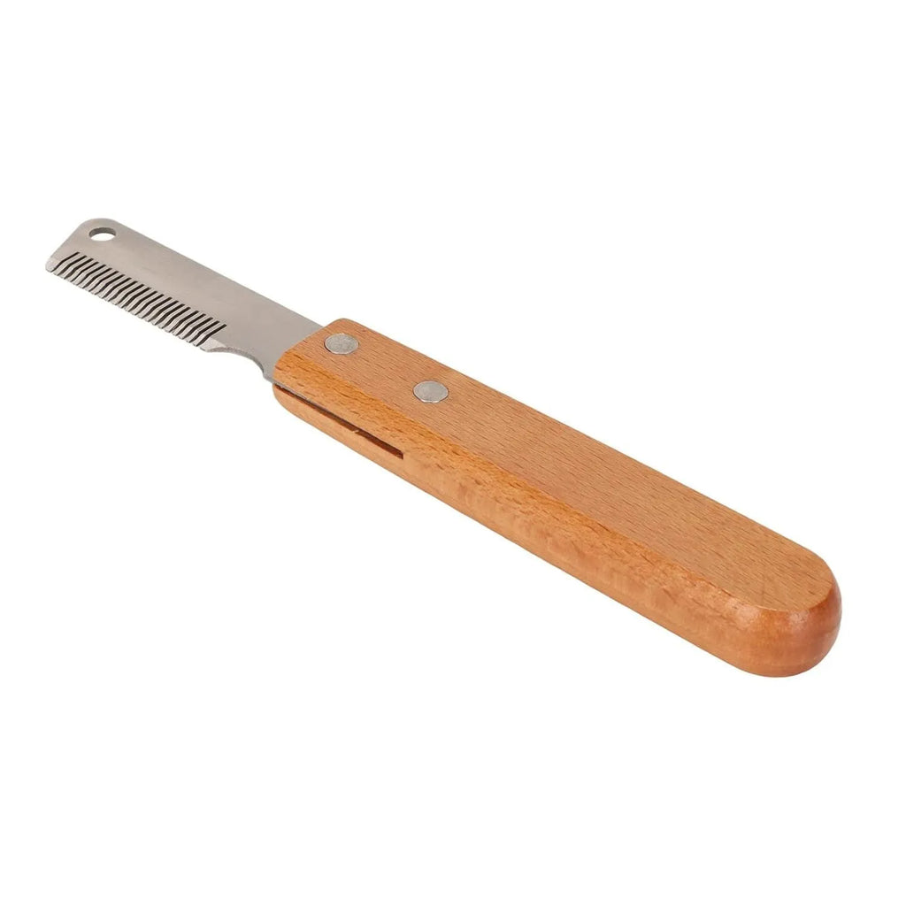 Pet stripping comb with wood handle and metal fittings for dog and cat grooming, available in long or short size