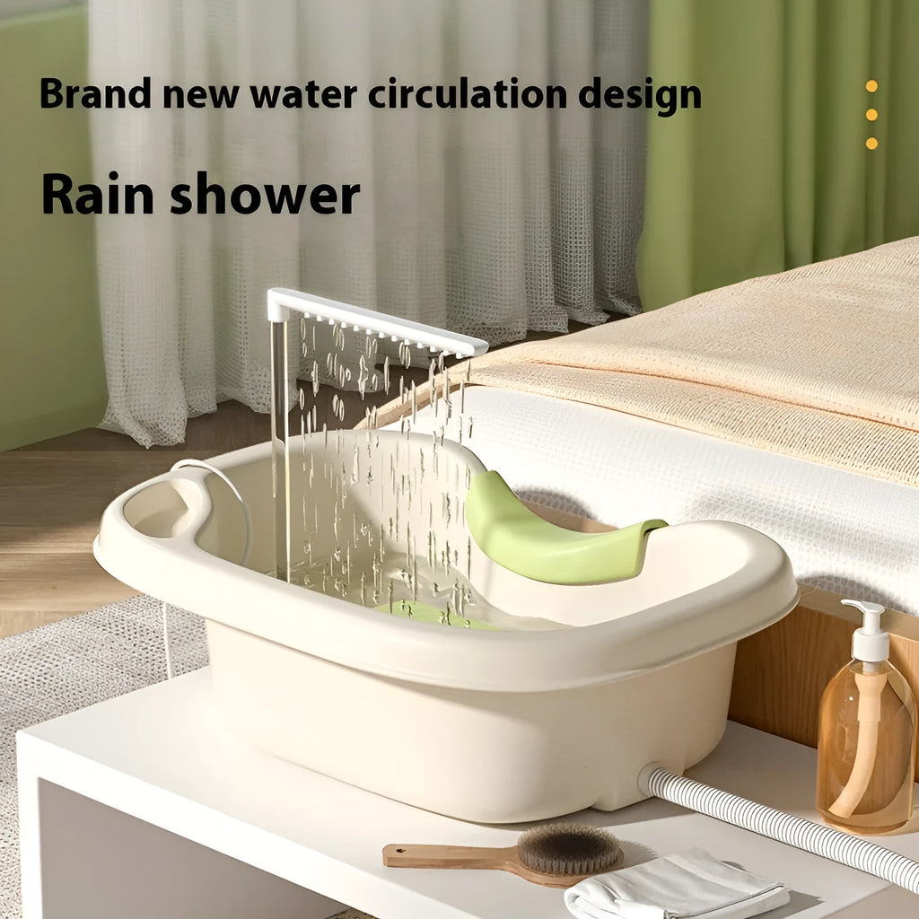 Light pink lying down hair wash basin with head pad, neck pillow, water pump and hair washing accessories