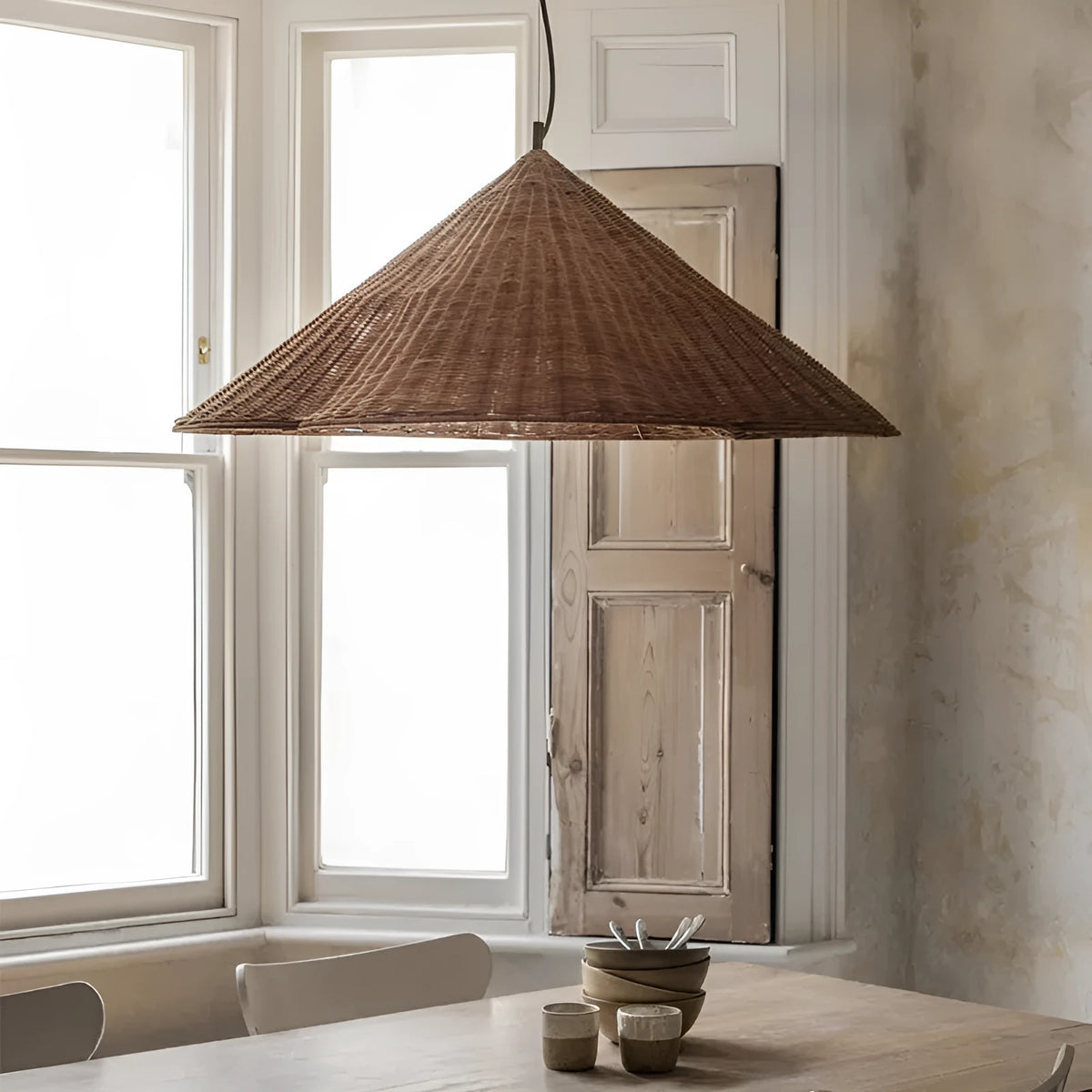 Natural rattan and rice paper ceiling pendant light in zen silent wind style.