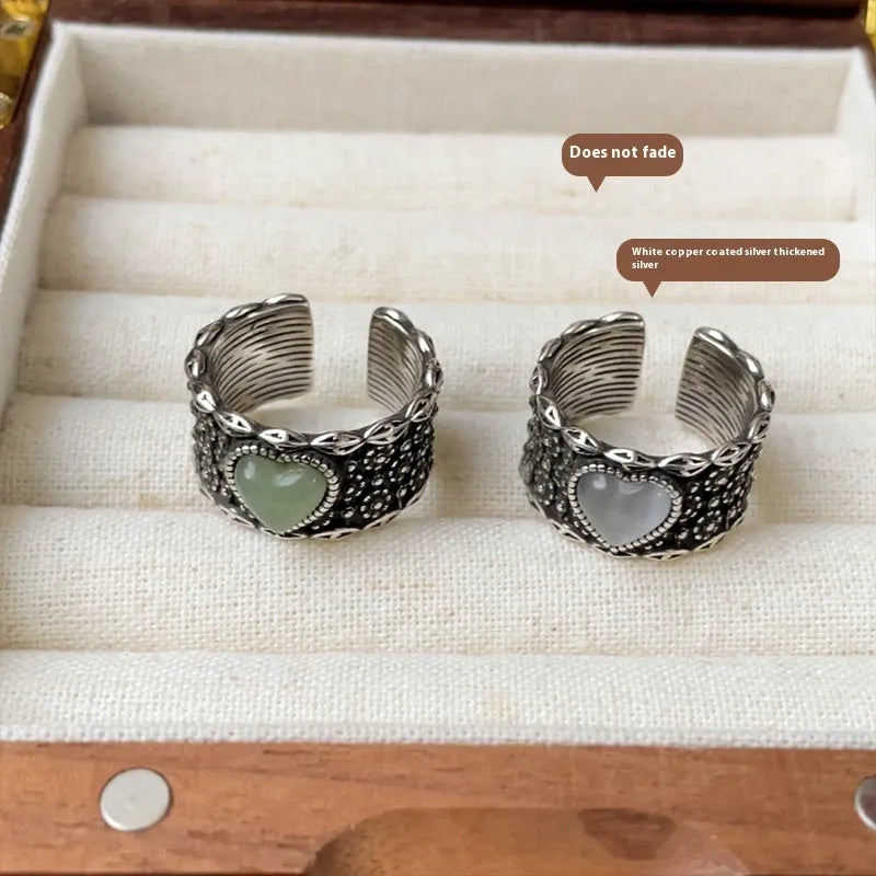 Retro adjustable wide-faced ring with heart-shaped moon design in white copper plated silver