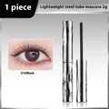 Waterproof mascara with steel tube and brush, shown in black and brown colour options, some sets include an eyelash curler.