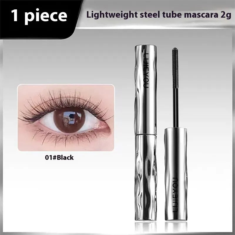 Waterproof mascara with steel tube and brush, shown in black and brown colour options, some sets include an eyelash curler.