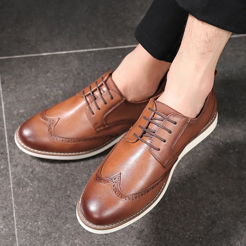 Men's black slip-on business casual shoes with round toe and low-top PU upper